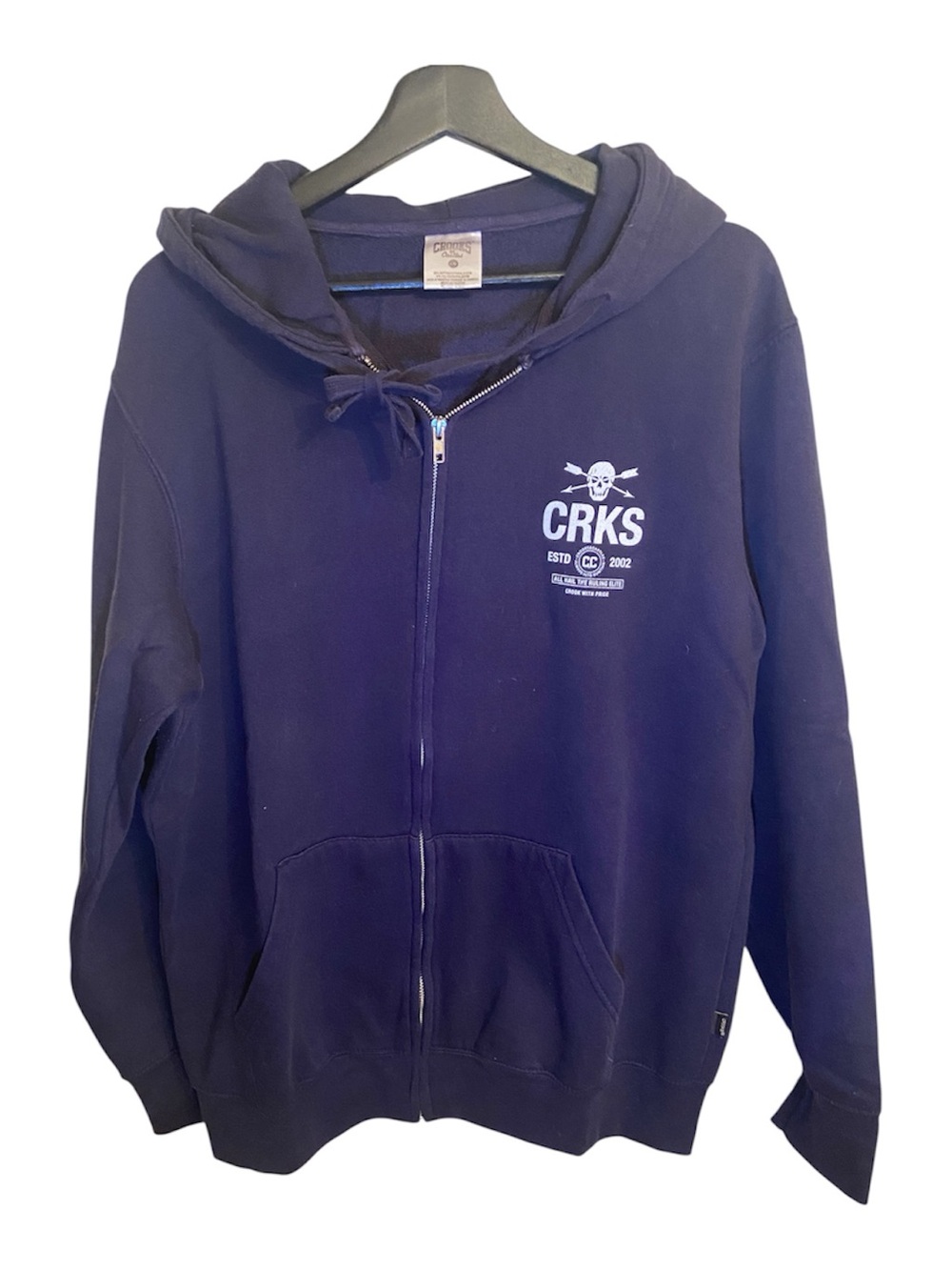 Crooks &Castle men’s zip up hoodie, front kangaroo pockets size large, navy blue